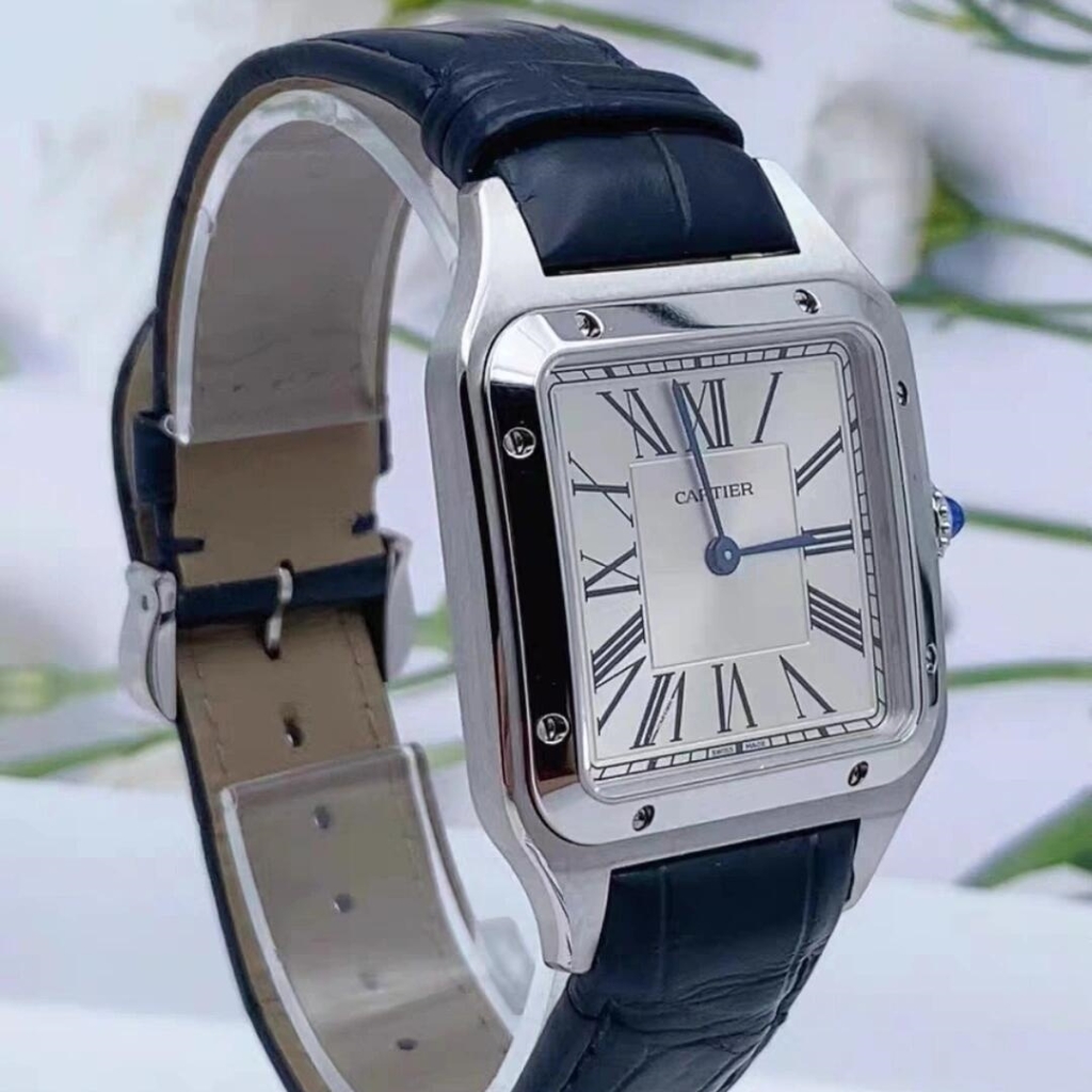 Cartier Santos-Dumont Watch Large Model Steel And Blue Alligator Leather WSSA0085