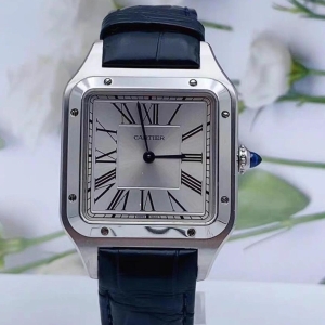Cartier Santos-Dumont Watch Large Model Steel And Blue Alligator Leather WSSA0085