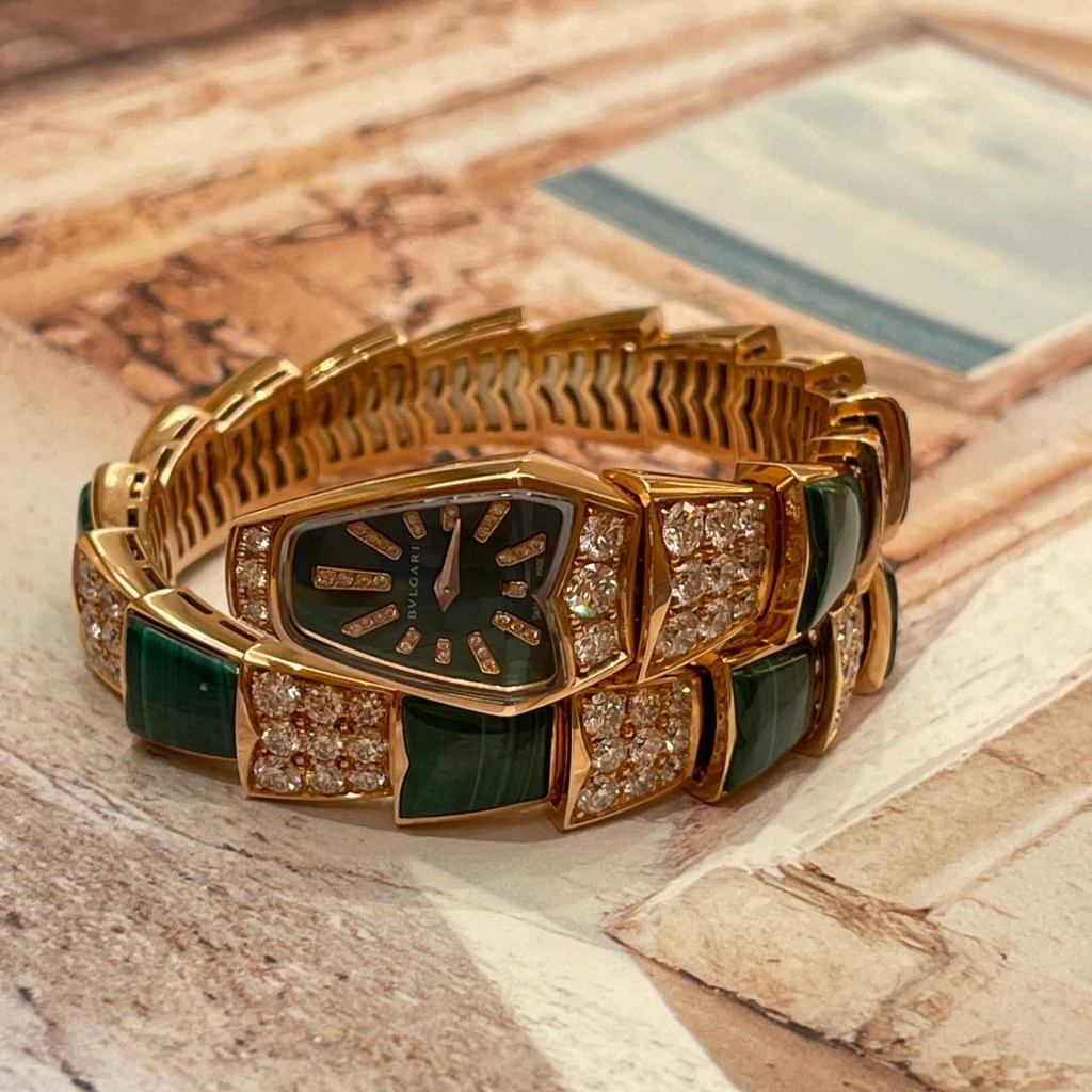 18K Rose Gold Bulgari Serpenti Jewelry Watch Diamonds Malachite 102678